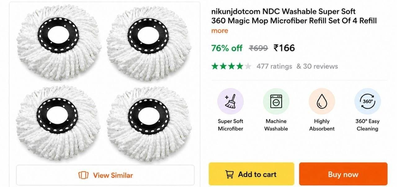nikunjdotcom ndc washable super soft 360 magic mop microfiber refill set 4 refills rs