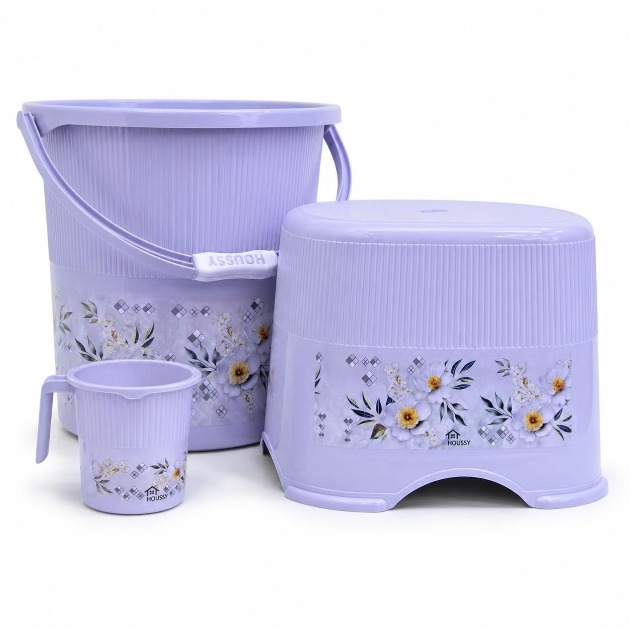 SmartSlide Bathroom Set 3-Pieces - Bucket (18 litres) with Mug (1 litres), Stool, Bathroom Accessory Set of 3, Plastic, Grey (3)