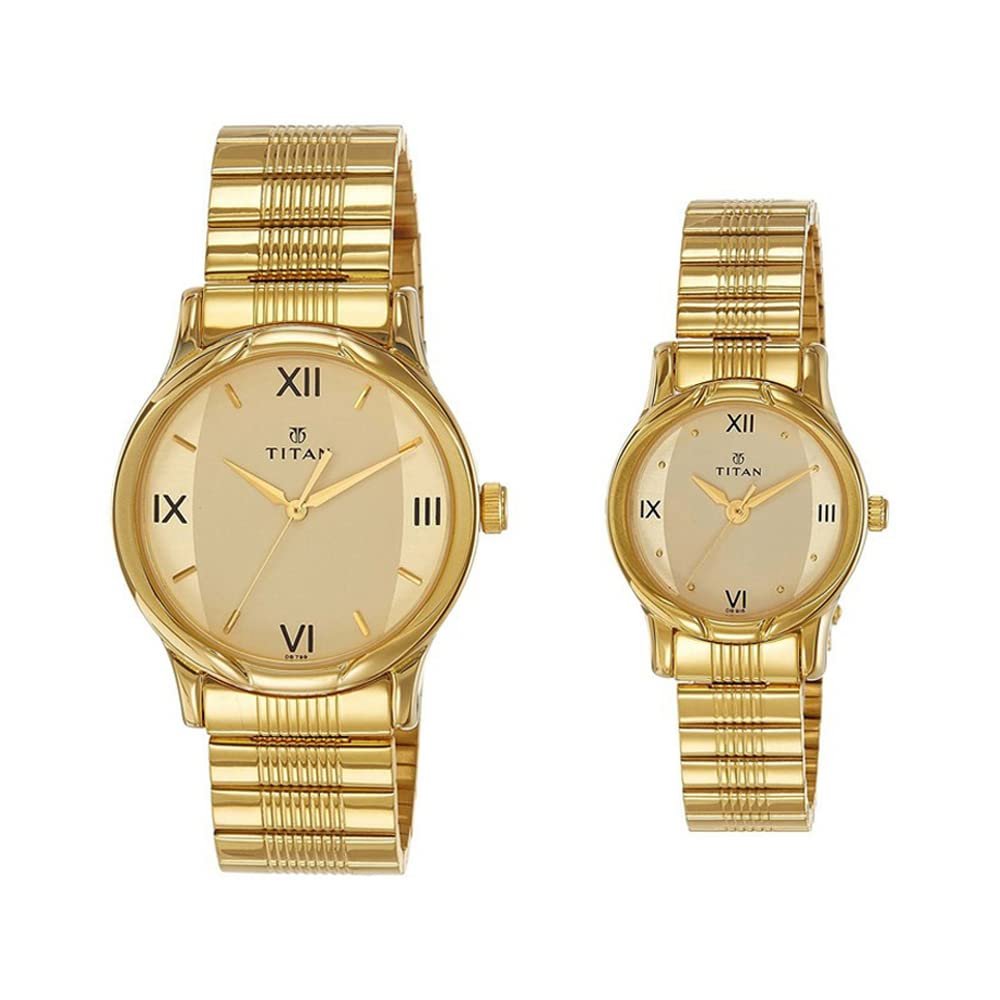 Titan Bandhan Quartz Analog Champagne Dial Gold Metal Strap Couple Watch - NT15802490YM02