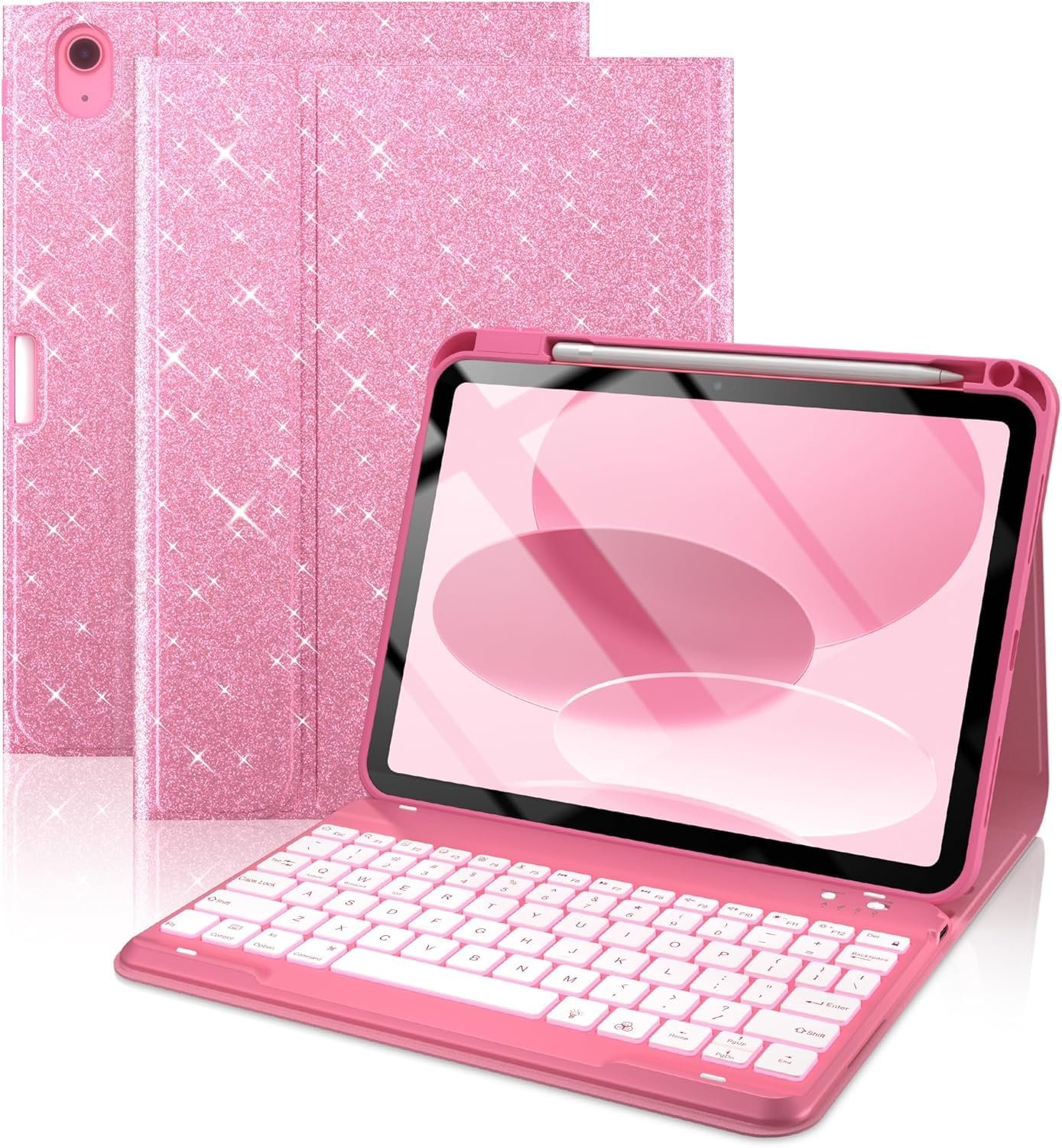typecase Folio Keyboard Case for iPad A16 (11th) & iPad 10th Gen 10.9 inch (2022), Magnetic Wireless Detachable Keyboard, 7-Color Backlight, Thin & Light, Pencil Holder -Rose Red Glitter