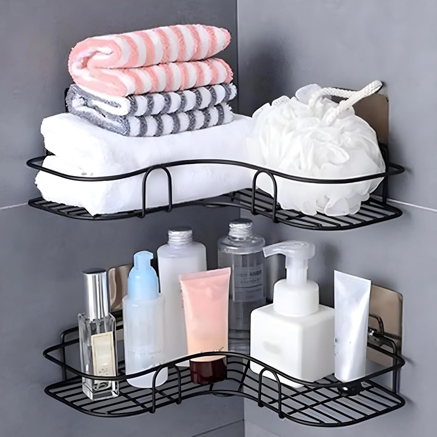 RAYMOX Pack of 2 Wall Mounted Self-Adhesive Bathroom Corner Shelf/Kitchen Rack & Holder - Bathroom Accessories (Material-GI Metal, Powder Coated Finish, Black, L Shape)