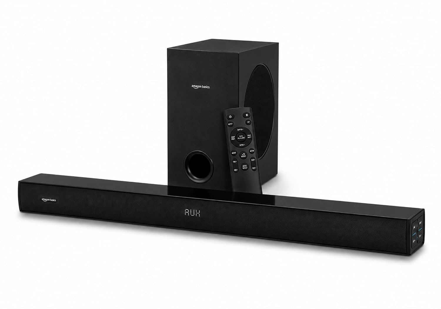 amazon basics 160W Soundbar with Subwoofer, 2.1 Channel Sound System for TV, 6.5" Bass Driver, HDMI ARC, Optical, Bluetooth 5.3, USB, AUX, Remote Control, Black