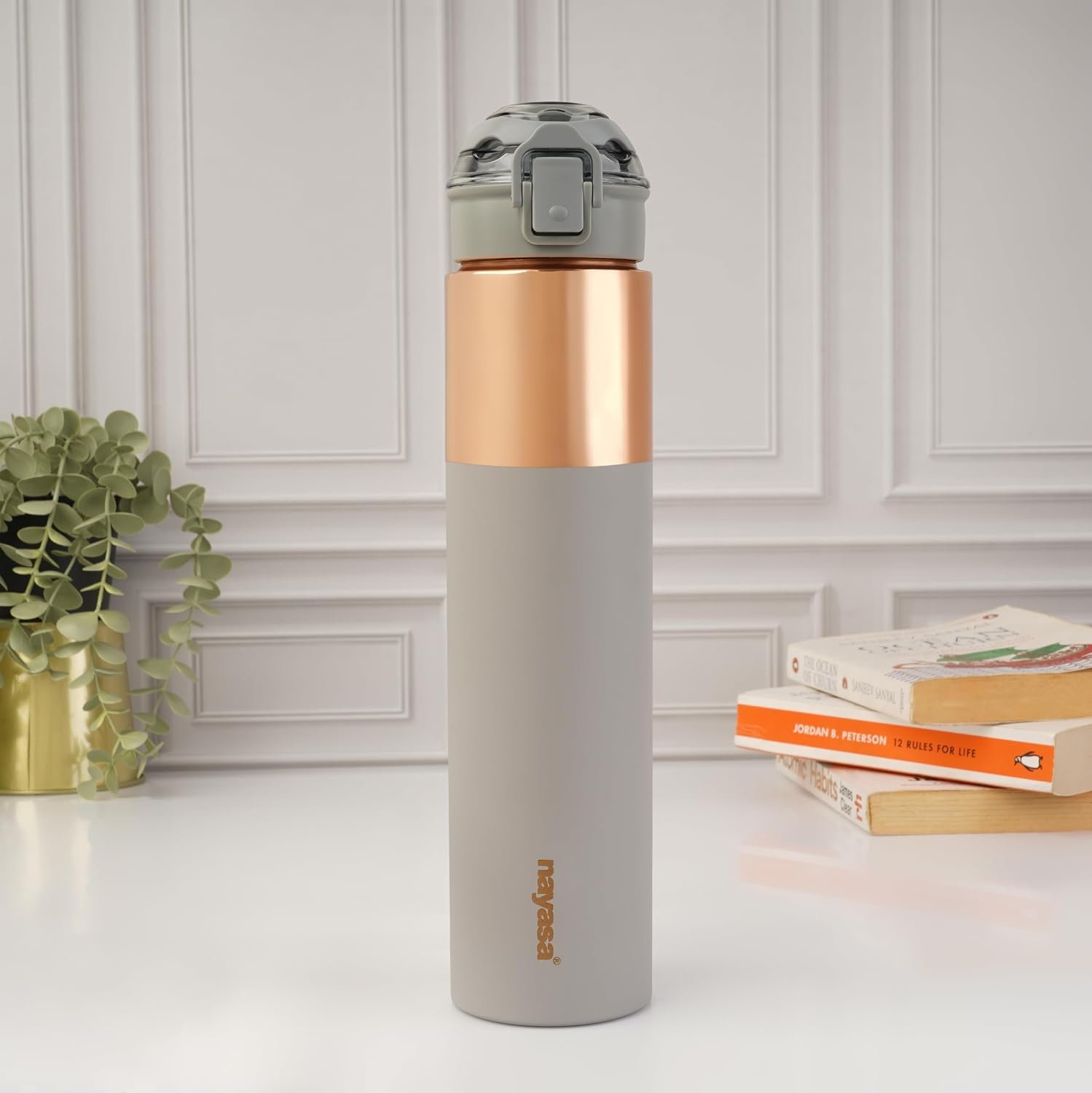 Nayasa Saffron Copper Bottle | 1000 ML | Leak Proof and Durable | Premium Copper Bottle | Easy to Clean | Daily Use | Grey