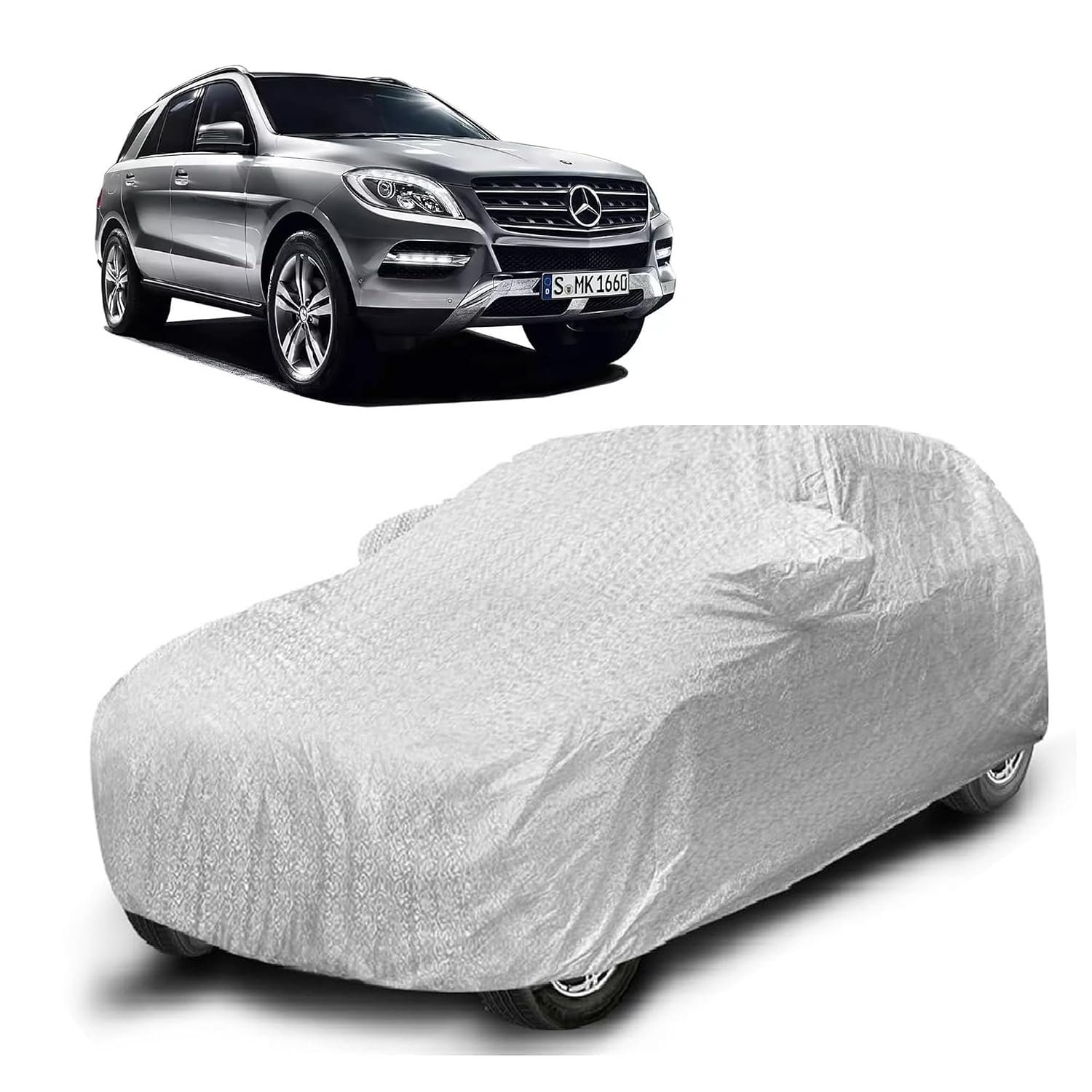 Sulfar 100% Waterproof Car Body Cover Compatible with Mirror for Mercedes Benz ML250 with Long Lasting Durable Material (Triple Stitched, Full Bottom Elastic, Metallic Silver)