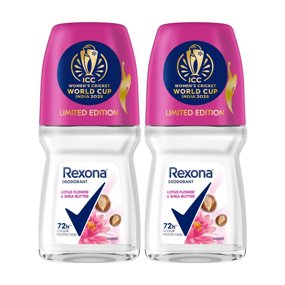 Rexona Lotus Flower & Shea Butter Antiperspirant Roll-On | for Women |72H Odour Protection | Limited Edition Pack - ICC Women’s Cricket World Cup India 2025 |50 ML (Pack of 2)