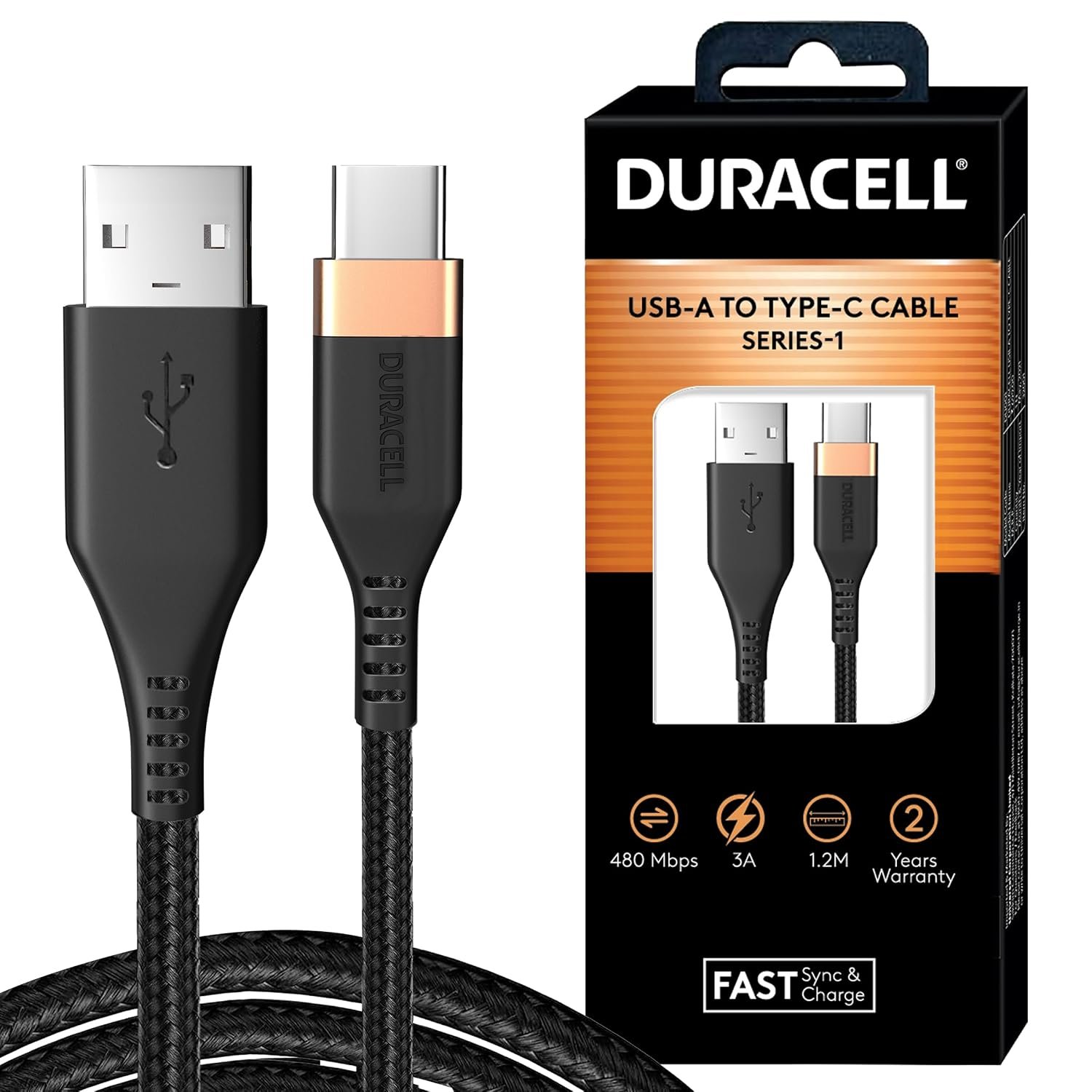 Duracell Usb-A To Type C, 65W Braided Sync&Fast Charging USB Cable, 3.9 Feet(1.2M), Qc 2.0/3.0 Ultra Fast Charging, For Samsung, Mi, Realme, Oppo, One Plus, Seamless Data Transmission, Series 1,Bl