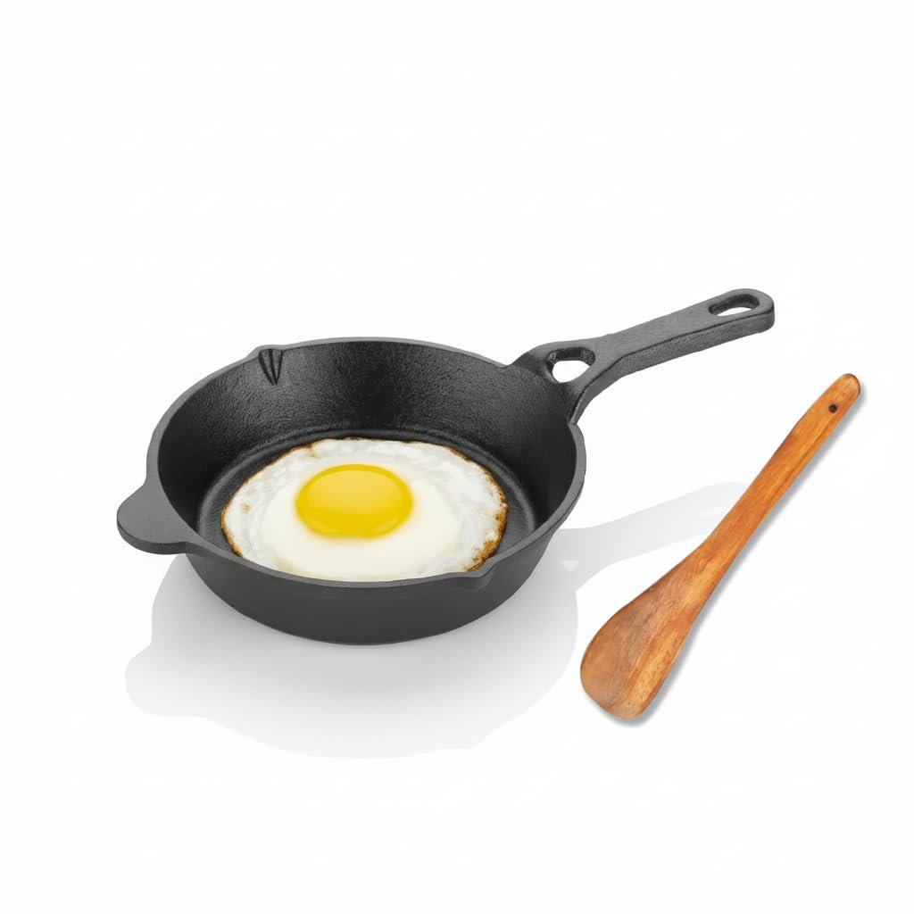 Lifelong Cast Iron Fry Pan 6 Inch with Wooden Spatula | Induction Friendly | Non-Stick Pre-Seasoned 100% Toxin & Teflon Free & Durable | Skillet for Cooking, Searing, Sautéing, & Frying (L