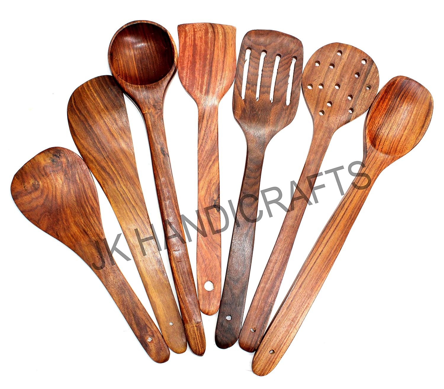 Premium Handmade Wooden (Rose wood) Serving and Cooking Spoon & Kitchen Tools Utensil, Non Stick Set of 7