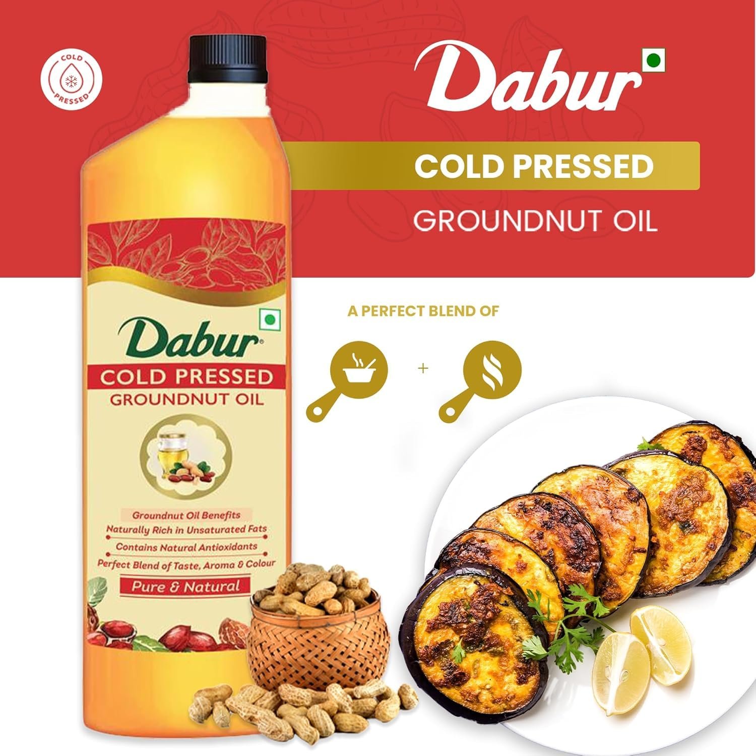 Dabur Pure & Unrefined Cold Pressed Groundnut Oil | 1L | Naturally Cholesterol Free | 1L | Rich Aroma & Flavour of Authentic Groundnuts | Contains Natural Antioxidants | Finest Quality Groundn