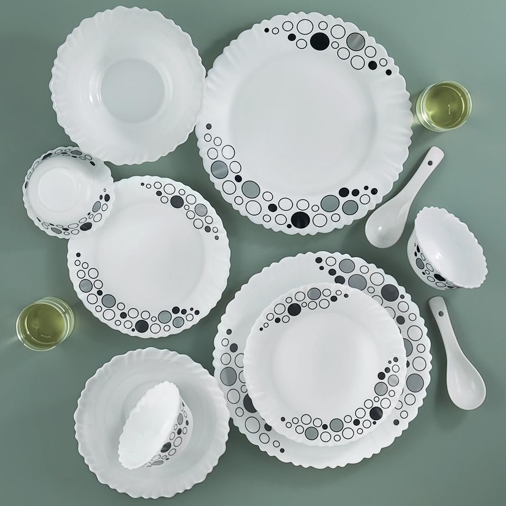 Larah by Borosil 35 Pieces Opalware Dinner Set | for Family of 6 | Microwave & Dishwasher Safe | Bone-Ash Free | Crockery Set for Dining & Gifting | Plates & Bowls (Luna)