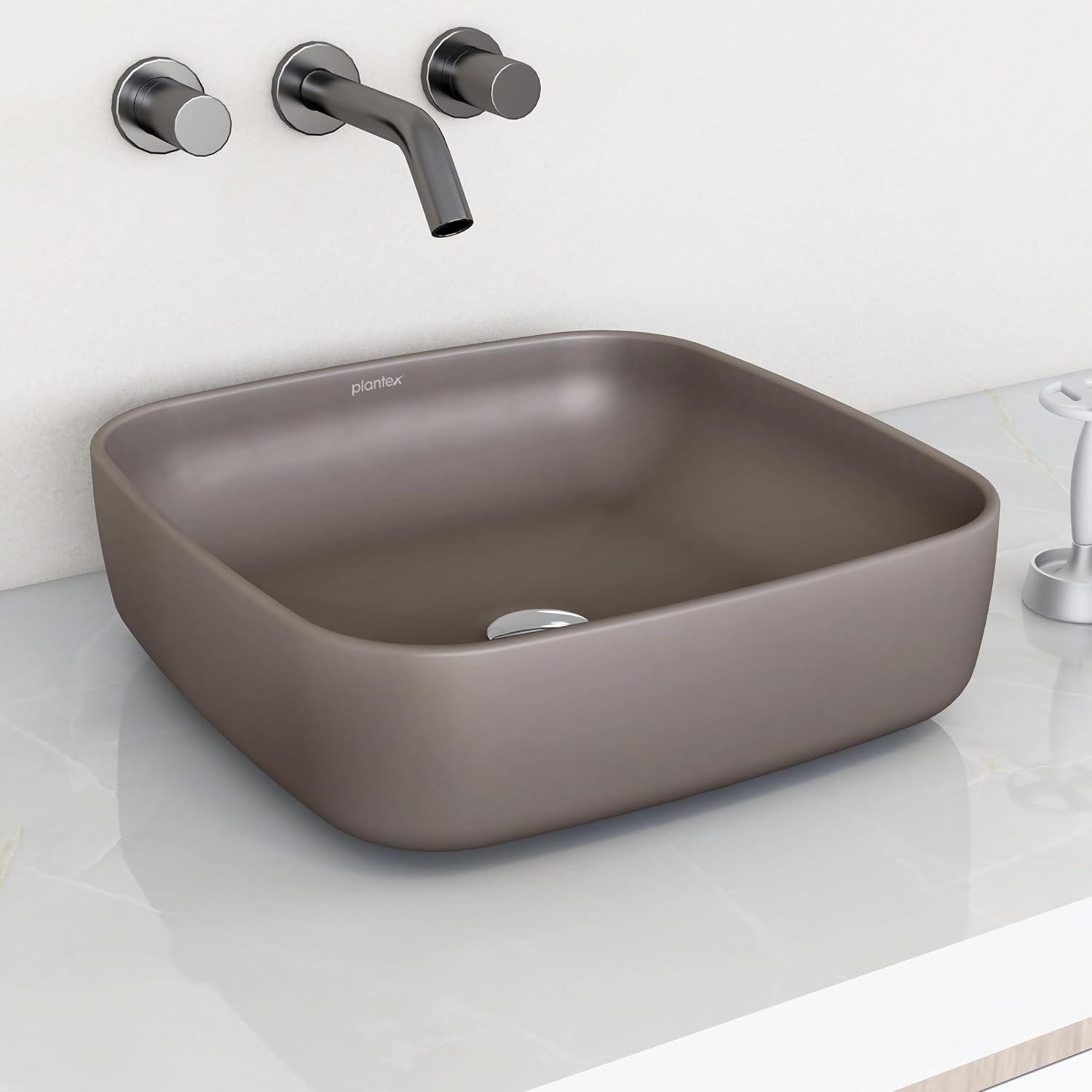 Plantex Platinum Ceramic Tabletop Square Wash Basin/Countertop Bathroom Sink (Choco, 16 x 16 x 5 Inch)