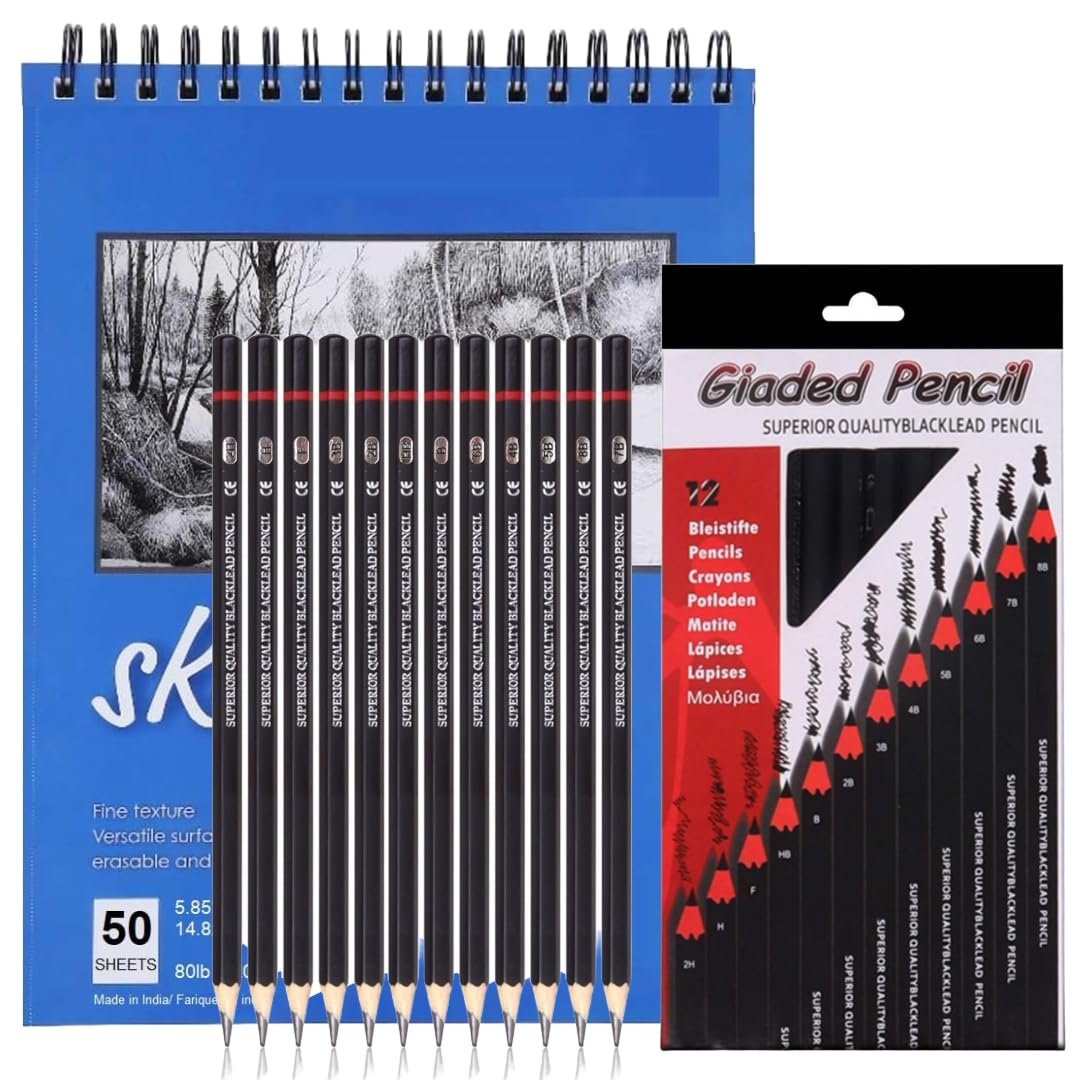 Corslet Set of 13 Drawing Kit 12 pc Drawing Pencils Set Sketch Pencil Shading Sketching Kit Graphite Artist Stationary Material for Adults Professional Artist Kit & 50 Sheets 100 Pages A5 Sketch B