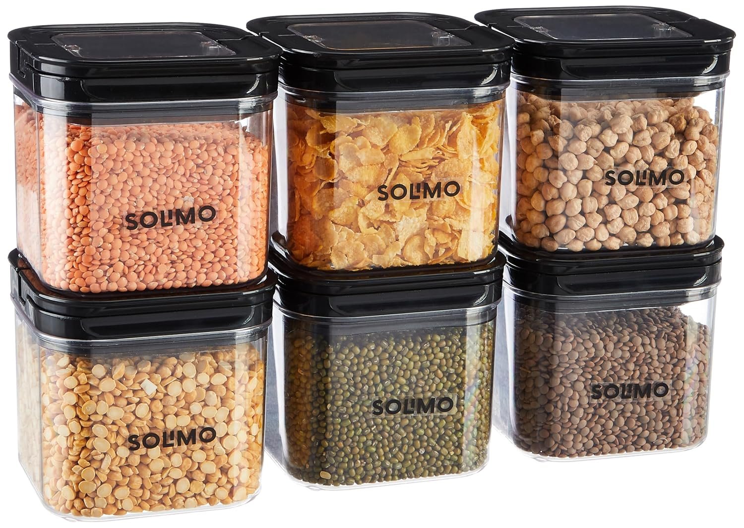 Amazon Brand - Solimo Airtight Plastic Storage Jar and Container Set-I | BPA Free | Multipurpose Storage | 750ml each, Set of 6 (Black)