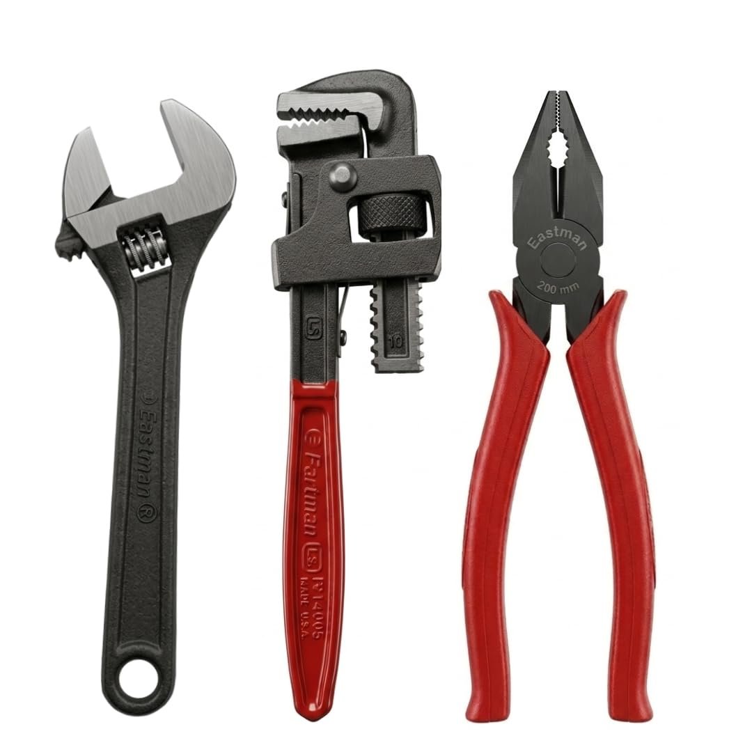 Eastman Tool Kit Set | Combo Pack of 3 | Adjustable Wrenches 1Pcs 8/200 Mm, Combination Plier 1Pcs 8/200 Mm, Pipe Wrenches 1Pcs 10/250Mm (Set of 3 pcs Tool kit 2051-8_2020-8_2048-10)