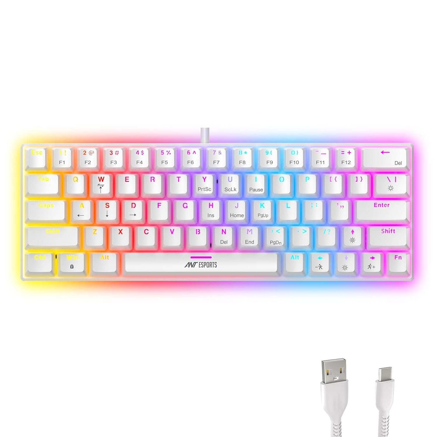 Ant Esports MK1200 Mini 60% Wired Mechanical Gaming Keyboard – Red Switch, Rainbow Backlit, 61 Keys, Anti-Ghosting, USB, Compact TKL – Compatible with Windows, macOS, PS5, Xbox, Laptop & PC (White