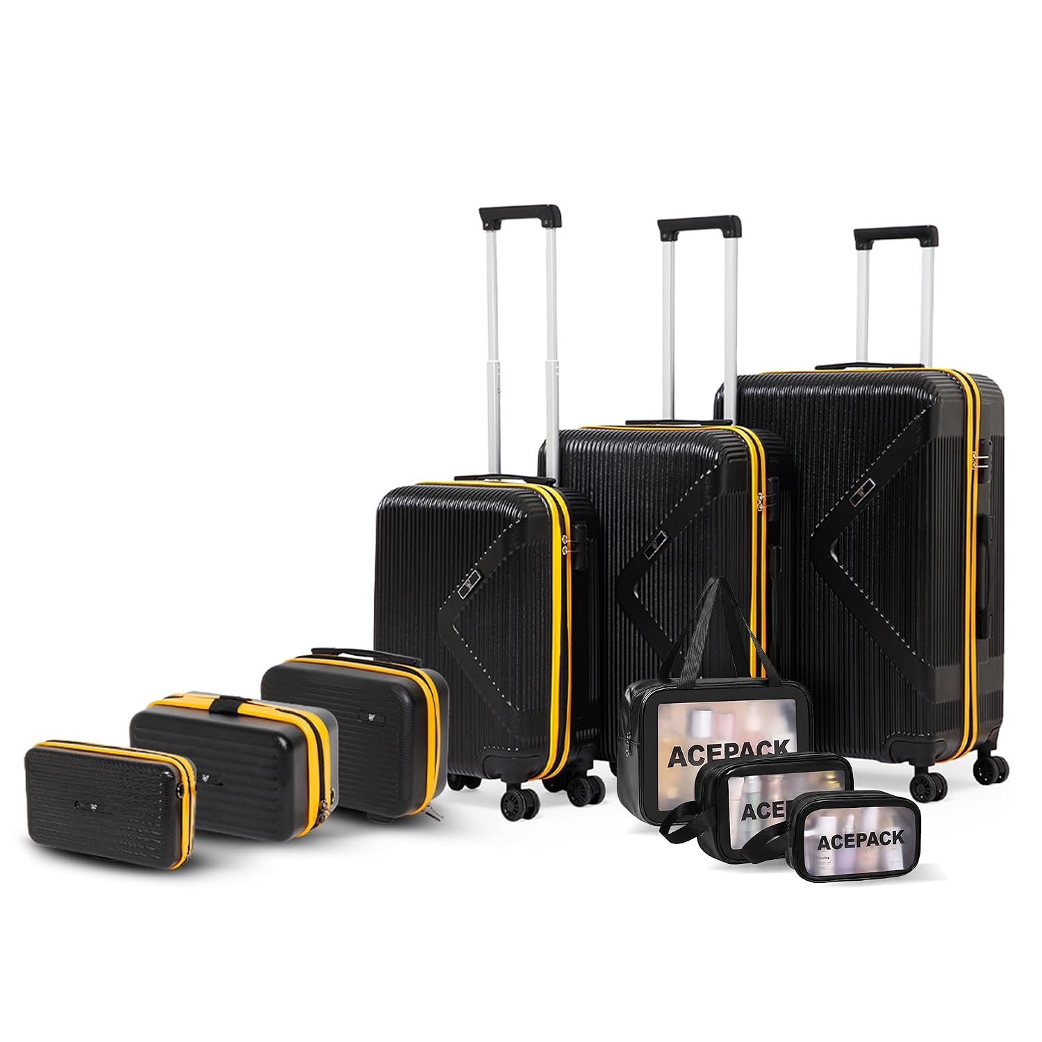 ACEPACK - Brampton - Family Set of 9 Pcs - Set of 3 Suitcase (S+M+L) + 3 Pcs Vanity Cases (8"+10"+13") + 3 Waterproof Organisers, PC Hard Shell with 360° Spinner Wheel, Number Lock, 3 Year