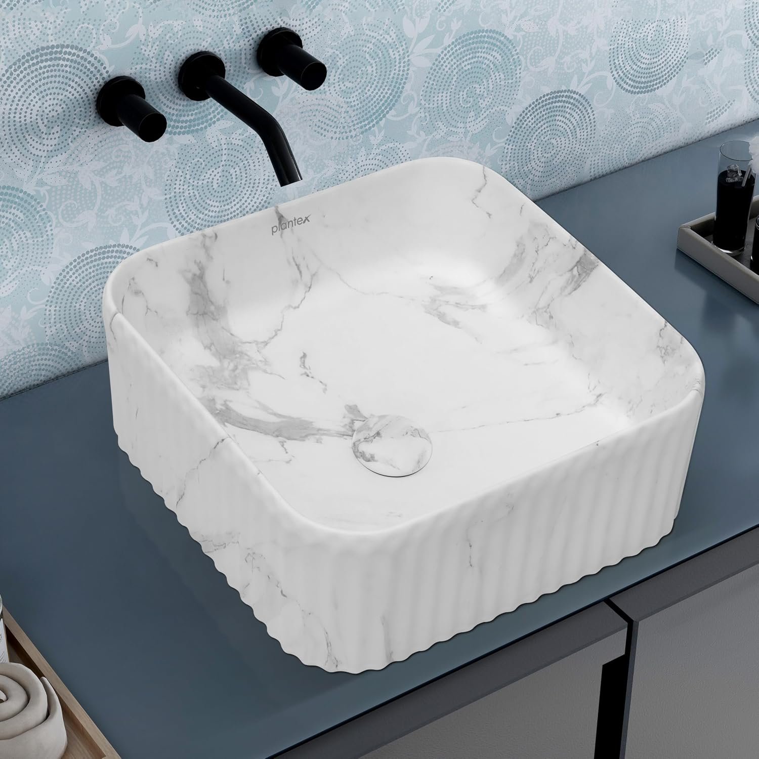 Plantex Tabletop Wash Basin for Bathroom/Designer Ceramic Basin with 10 Years Glaze Warranty by Plantex/Countertop Wash Basin/Home/Office (Marble White - 16 x 16 x 6.5 Inch)