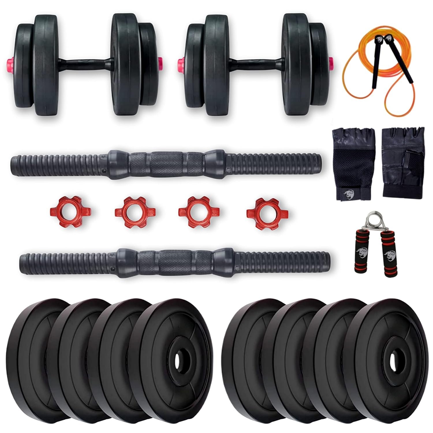 BULLAR Adjustable Dumbbells Set 8 Kg to 20 Kg with Pair of Dumbbell Rods and PVC Weight Plates with Gym Accessories (12 KG)