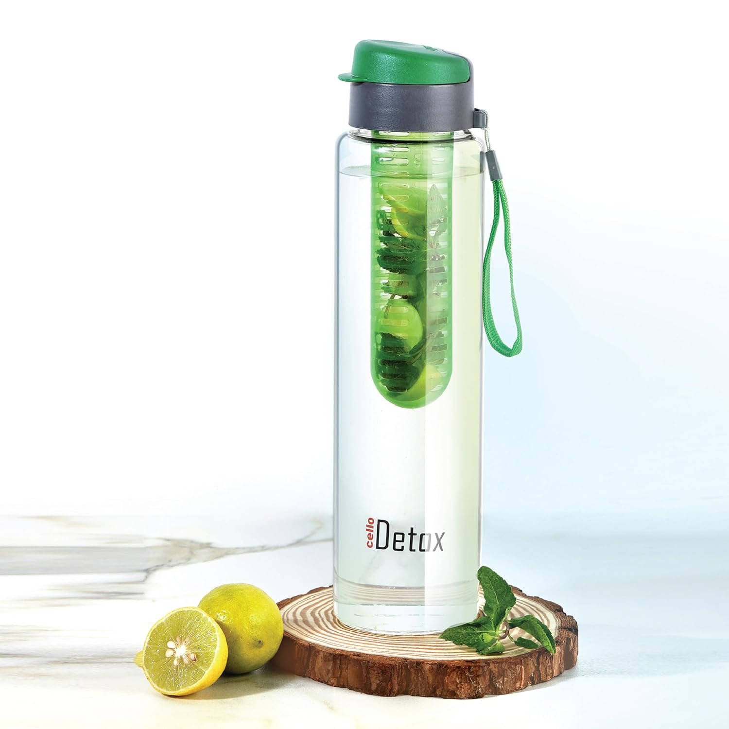 CELLO Fruit Infuser Glass Water Bottle for Office & Daily Use 750 ml Green | Durable & Stylish, Freezable & Fridge Safe, Leakproof Wide Mouth Leadfree Toughened Glass Water Bottle For Kitc