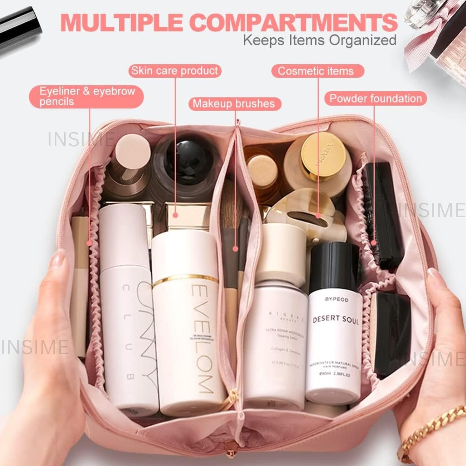 INSIME Large Travel Makeup Organizer Cosmetic Bags for Women | Portable PU Leather Travel Cosmetic Organizer Bag for Woman | Makeup Bag for Travel Makeup Organizer | Travel Cosmetic Organiser Bag