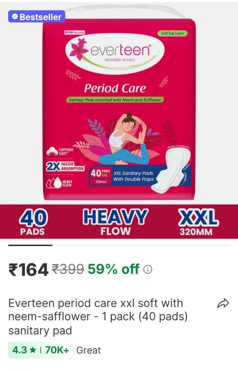 everteen period care xxl soft with neem safflower 1 pack 40 pads sanitary pad