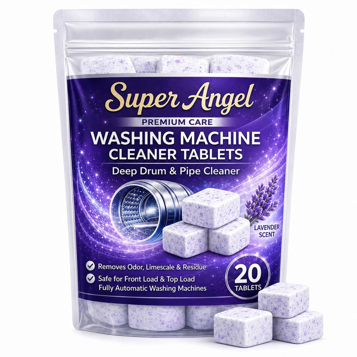 Super Angel Lavender-scented 20 Pcs Washing Machine Deep Cleaner Descaler Tablets for All Front and Top Load Machines, with Descaling and Stain-Removing Power