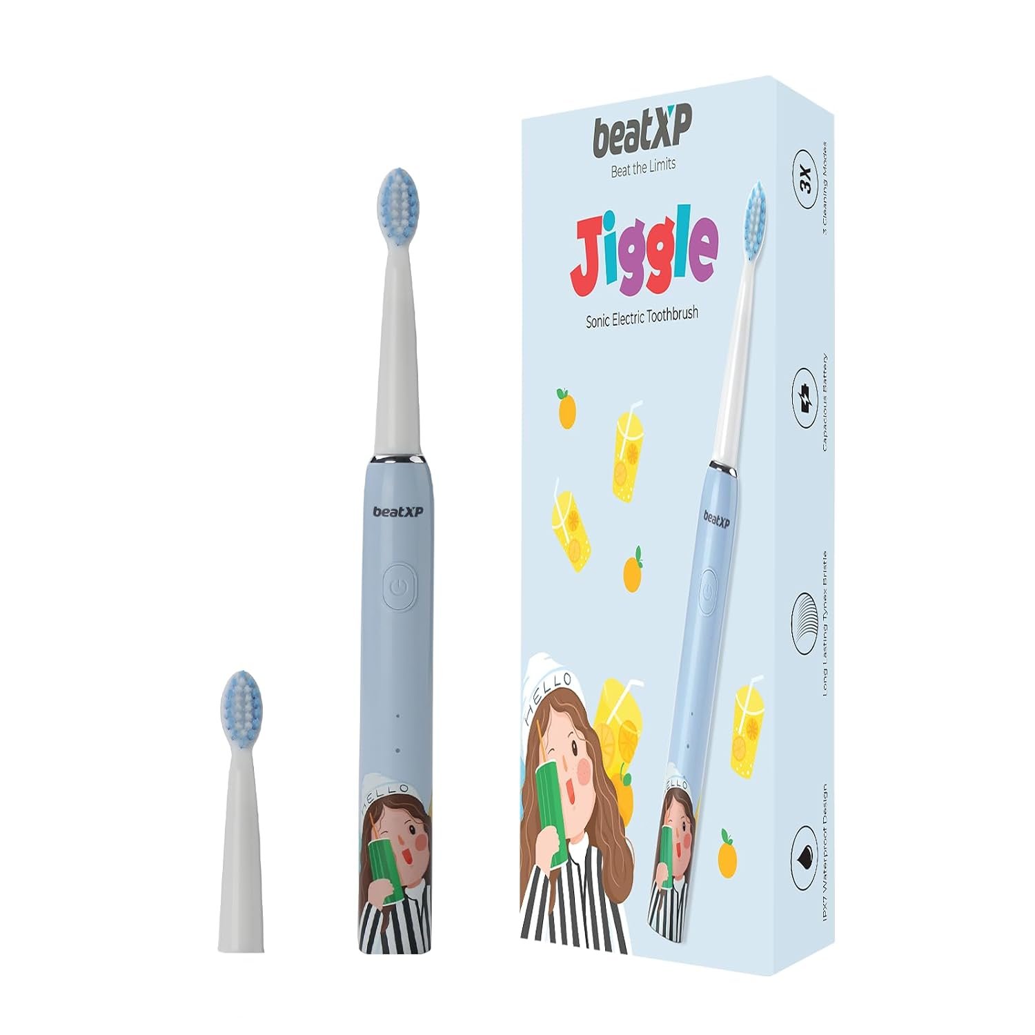 beatXP Jiggle Sonic Electric Toothbrush for Kids with 2 Brush Heads & 3 Cleaning Modes | Rechargeable Electric Toothbrush | 20500 Strokes/Min with Long Battery Life (Baby Blue),1 Count