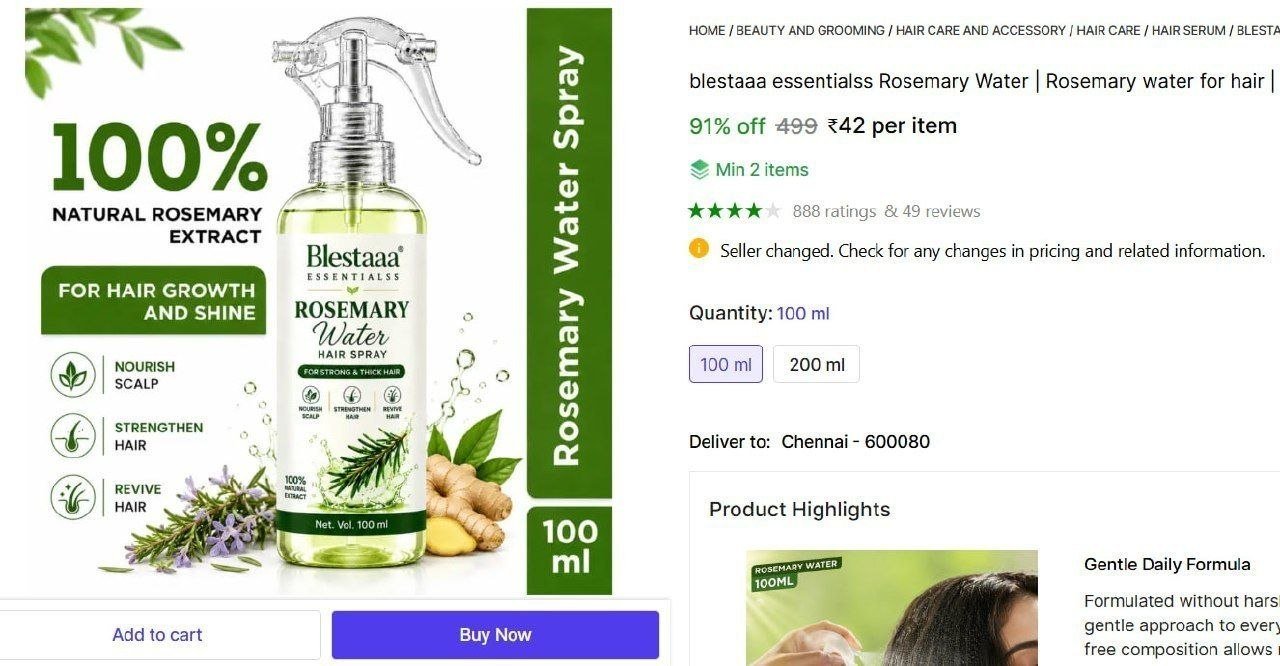 blestaaa essentialss rosemary water hair spray regrowth 100 ml