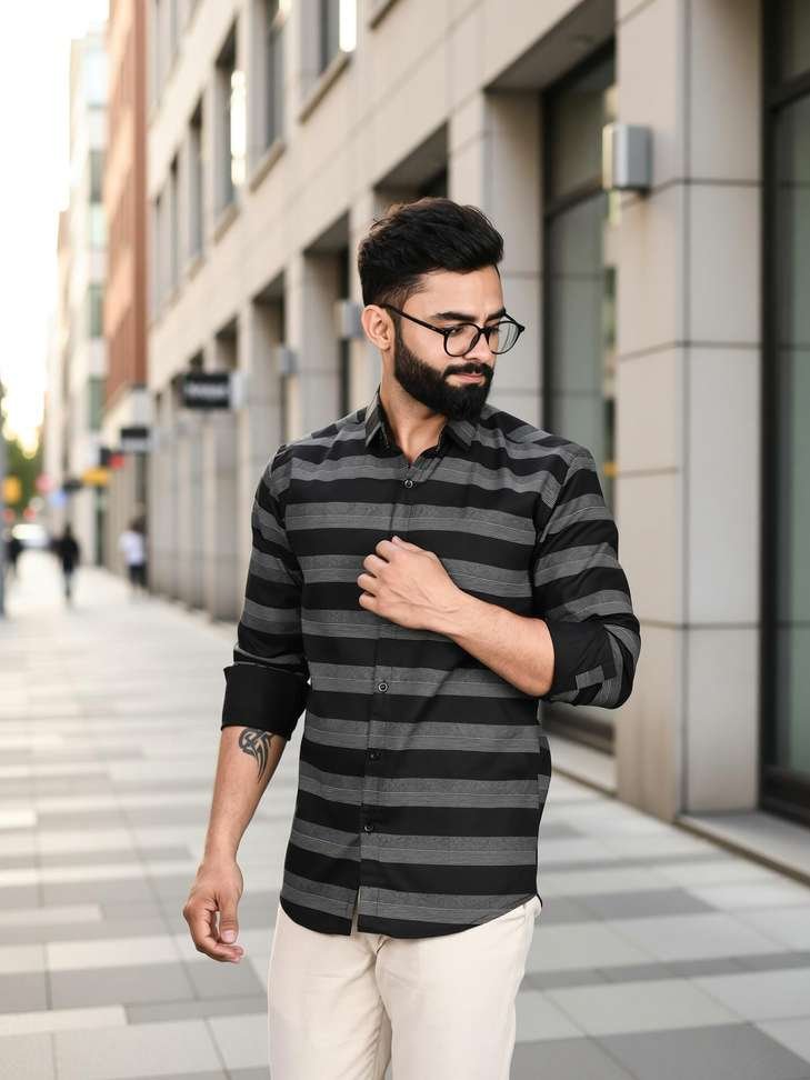 fubar men striped casual black shirt
