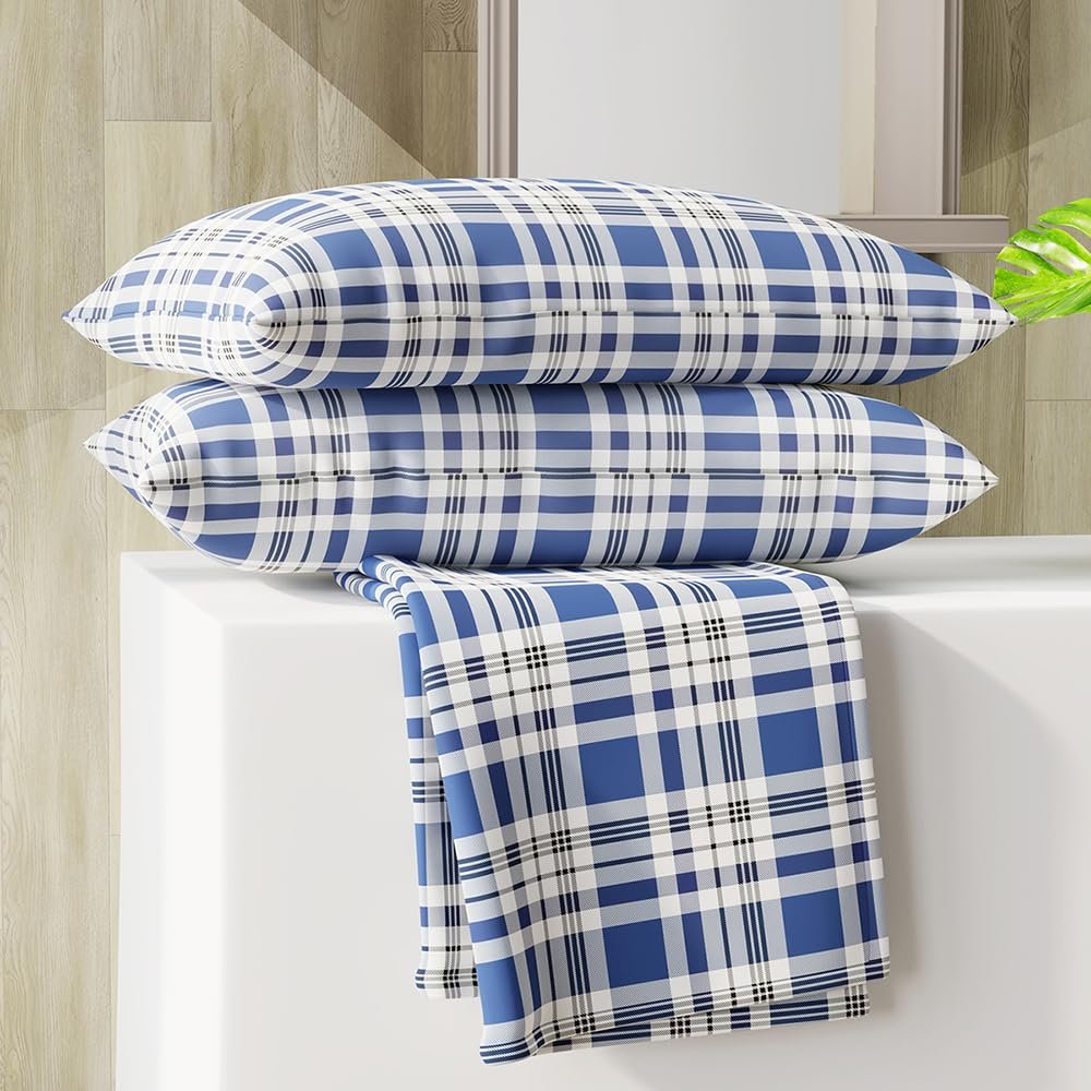 Layers Bedsheet for Double Bed King Size | 108 x 90 inches 225 CVC Navy Blue Checks Bedsheet for King Size Bed with 2 Pillow Covers | Breathable Cotton & Anti-Wrinkle | Zen Collection