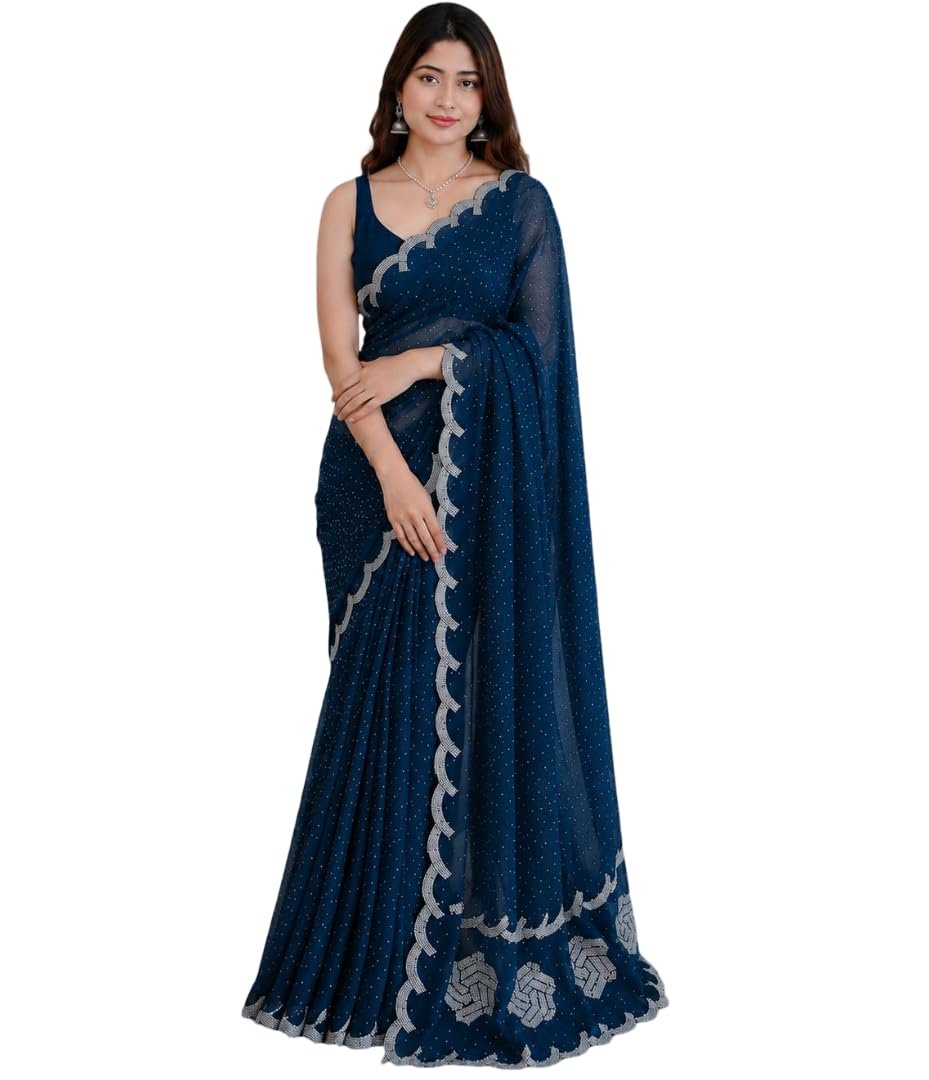 Chiffon Satin Saree for Women with C Pallu PP Siroski Diamond Work, Cutwork Border & Matching Blouse Saree for Wedding, Festive and Traditional Occasions