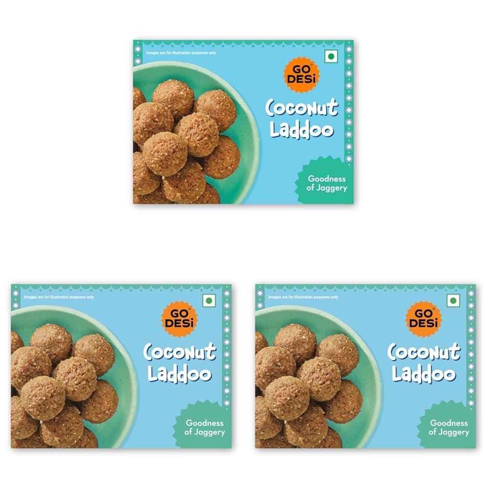 GO DESi Jaggery Coconut Laddu - 200 grams | With Goodness of Jaggery | No Artificial Flavours | Sweets | Laddoo (Pack of 3)