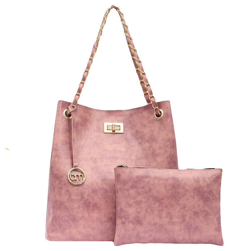 Bagsy Malone Bucket Shaped Tote Bag -Set of 2 | Handcrafted Side Tote Bag and Handbag for Office and College (Croco Pink)