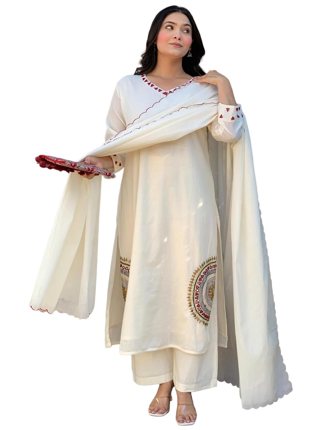 GoSriKi Women Viscose Straight Kurta with Palazzo and Dupatta | Embroidered Kurta Set for Women | V-Neck Straight Ethnic Kurta Palazzo Outfit for Casual Festive & Party