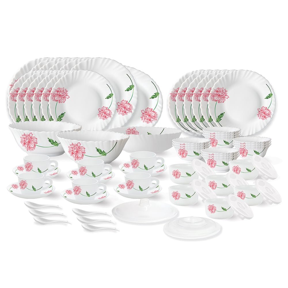 Larah by Borosil Red Mist Fluted Series Opalware Dinner Set | 66 Pieces for Family of 6 | Microwave & Dishwasher Safe | Bone-Ash Free | Crockery Set for Dining & Gifting | Plates & Bowls |