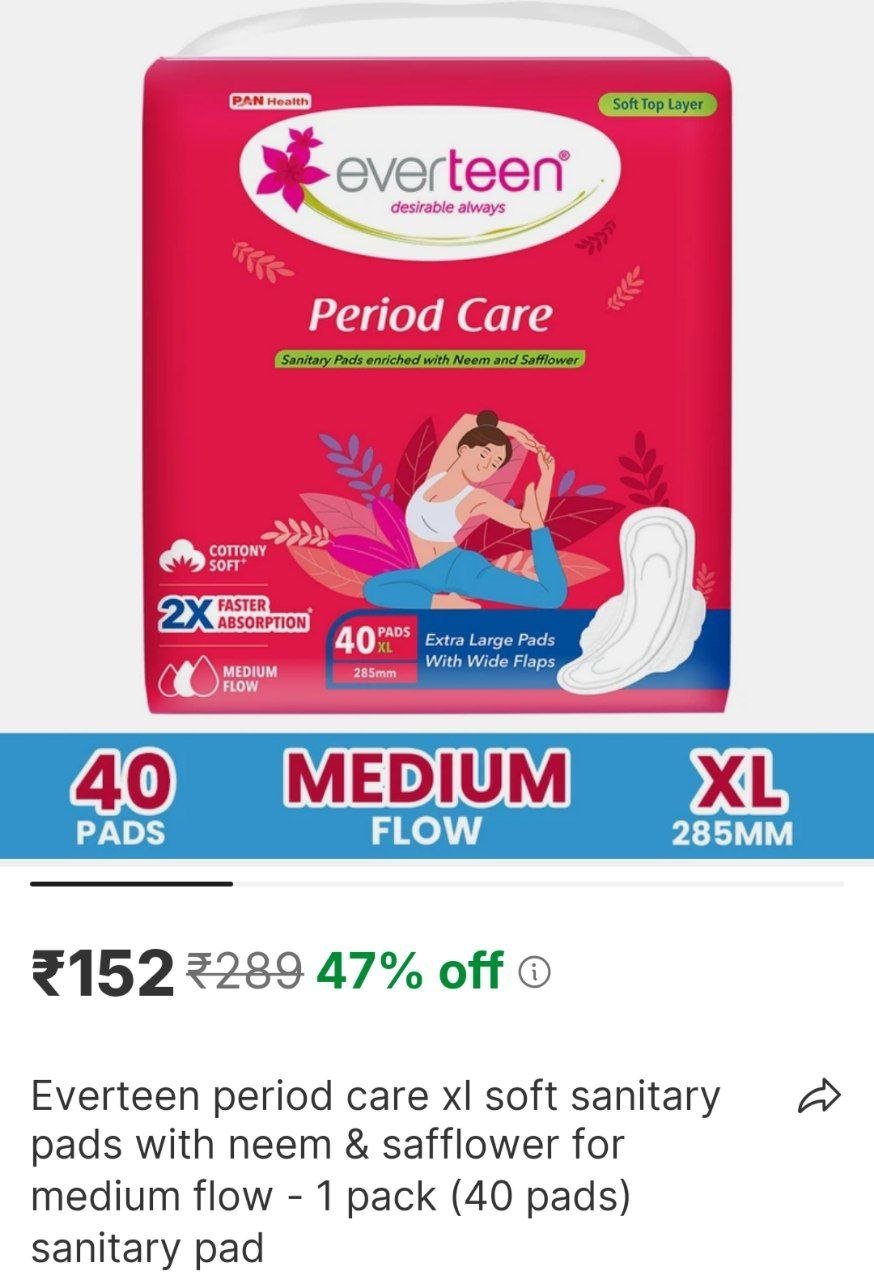 everteen period care xl soft sanitary pads with neem safflower for medium flow 1 pack 40 pads sanita