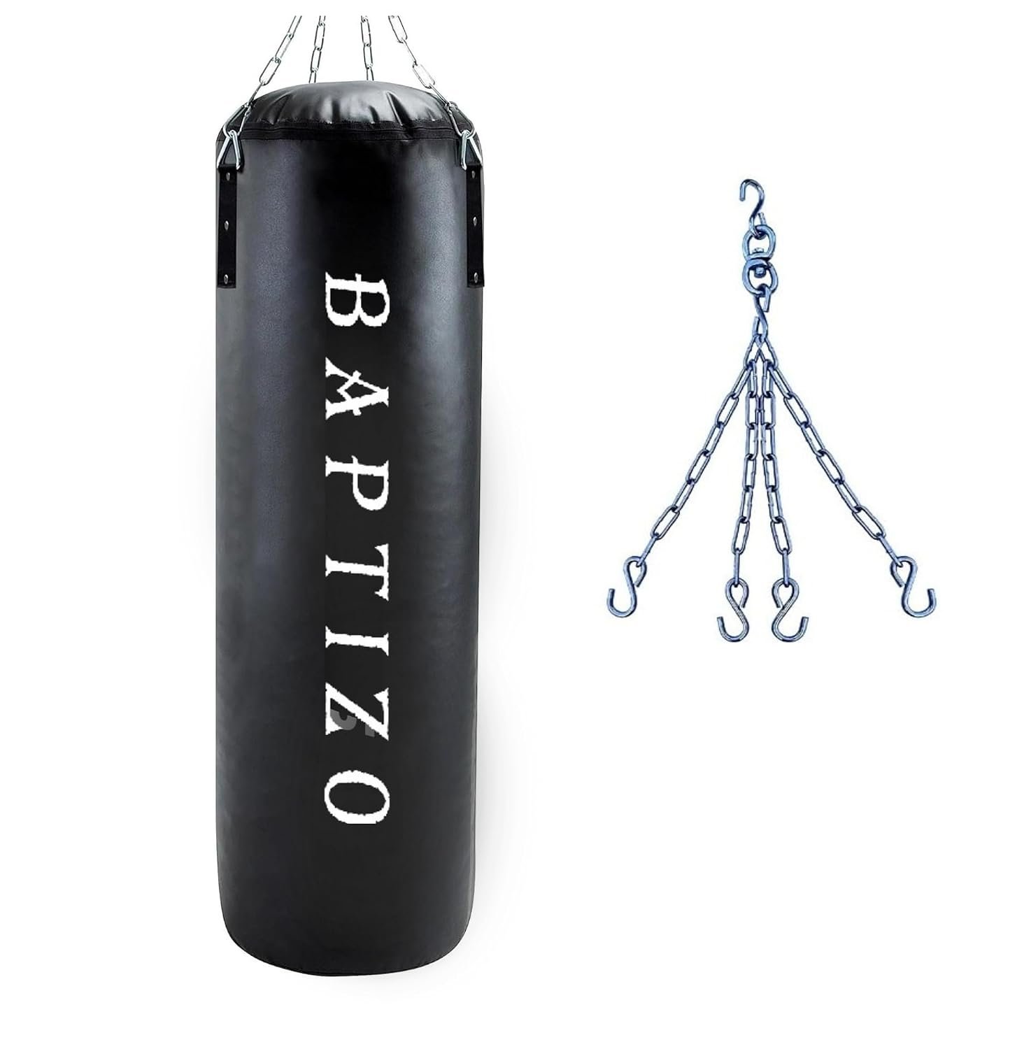BAPTIZO Heavy Synthetic Leather Boxing Punching Bag Black | Stainless Steel Hanging Chain | Boxing | MMA | Kickboxing | Muay Thai | Karate | Judo | Taekwondo (3 feet)