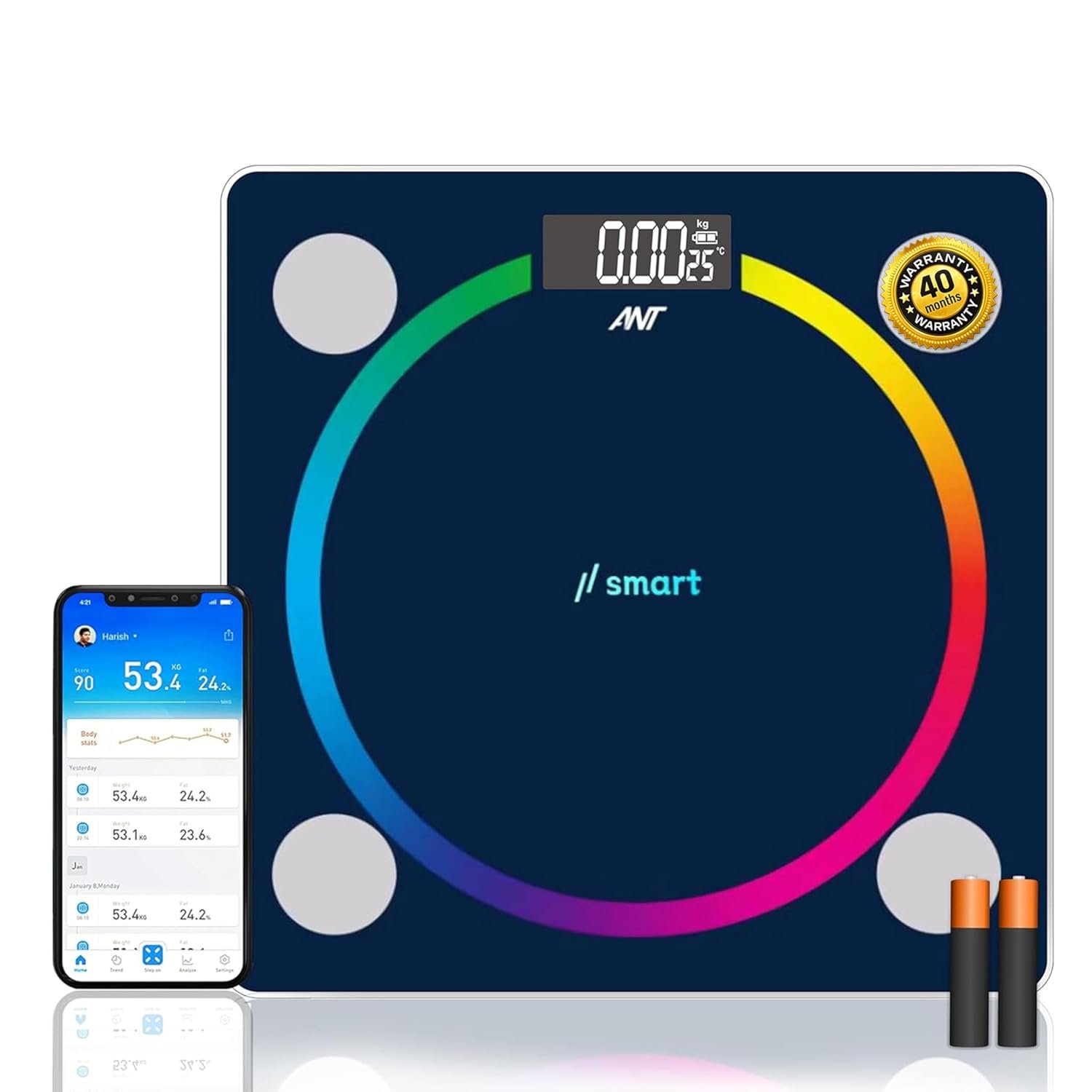 ANT Flora Supreme Smart Scale Bioelectrical Digital Body Weight Machine for Home with Bluetooth App | BMI, BMR Analyzer | 180kg Capacity | High Precision Sensors | LED Display