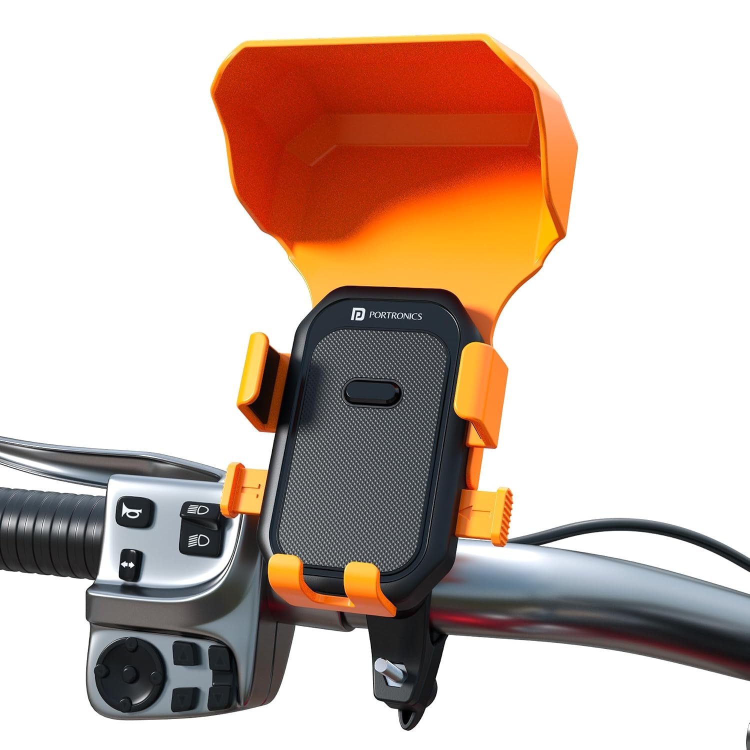 Portronics Mobike 4 Plus Handlebar Mount Mobile Holder with Sunshade & Light Rain Protection, One-Press Release, 360° Rotation, 4-Point Grip Lock, Fits 5.4–6.7 Inch Smartphones, for Maps & Nav