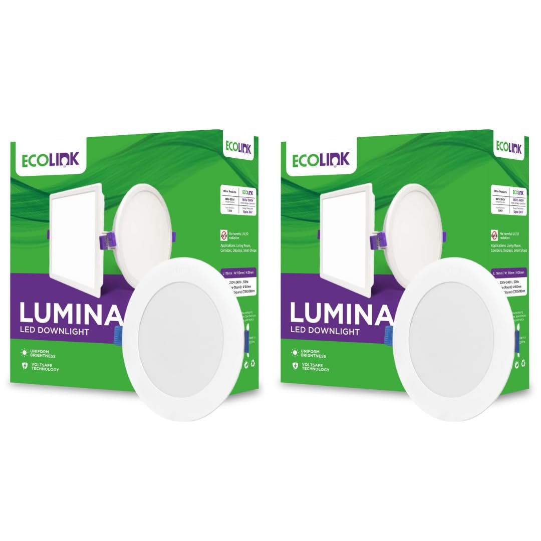 EcoLink Polycarbonate Lumina 10-Watt Round LED Downlighter | LED Ceiling Light For Home And Hall | Cut Out: 4 Inch,Color: Cool Day Light, Pack Of 2