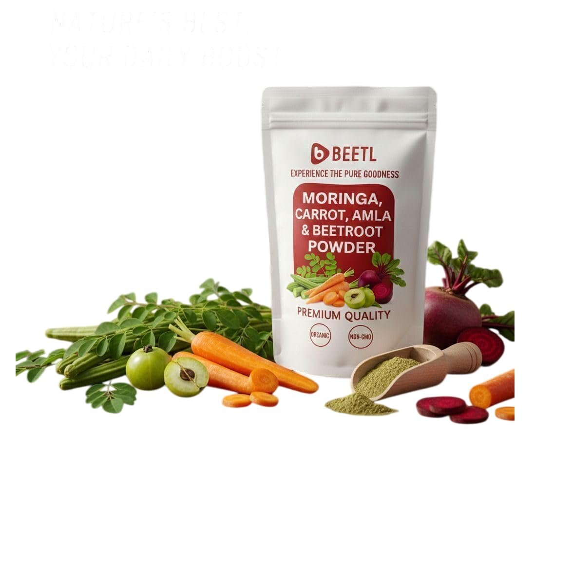 BEETL Moringa Carrot Amla & Beetroot Powder Blend | Mixed Vegetable Powder | Plant Based Blend for Smoothies, Juices, Beverages & Recipes | 100 g