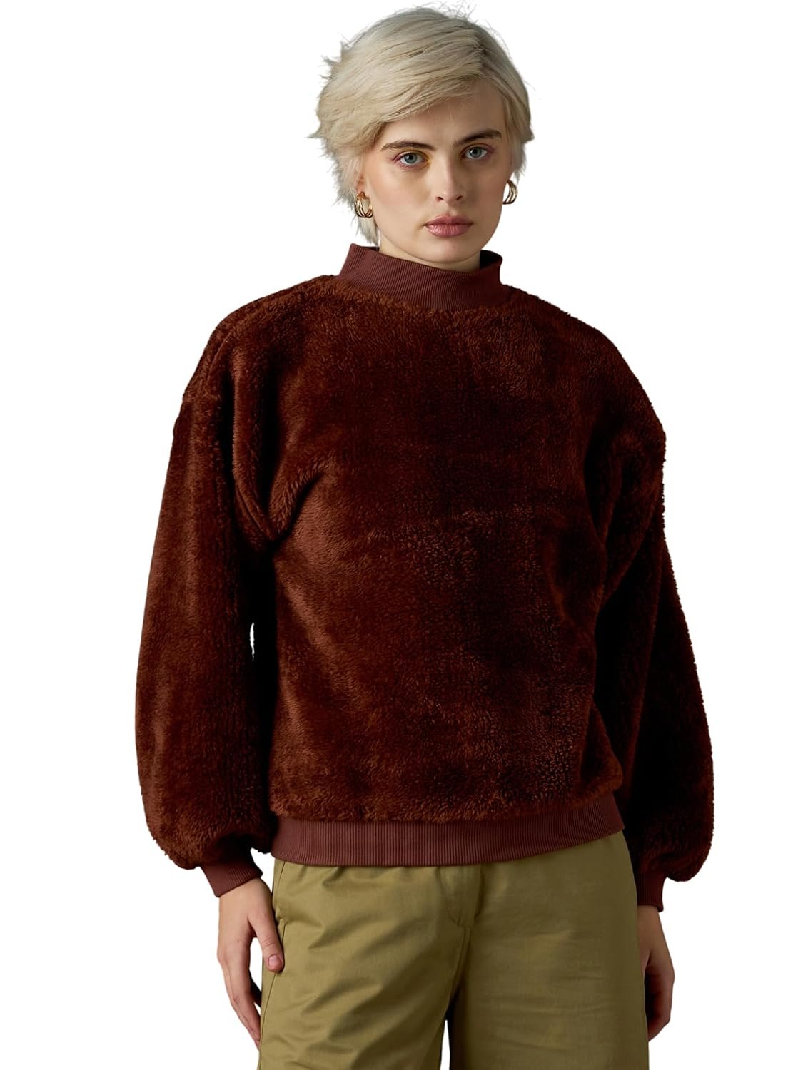 Sassafras Women Balloon Sleeve Faux Fur Sweatshirt