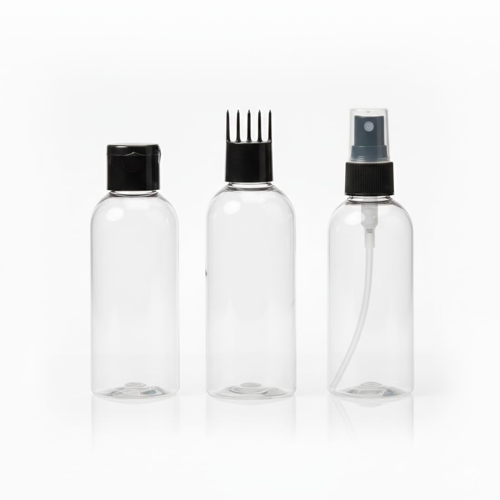 ERZA Empty Hair Care Bottle Set | Flip Cap, Hair Oil Comb Applicator & Spray Bottle | Refillable Leak-Proof Containers for Home & Salon Use (Pack of 3)