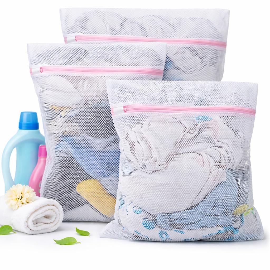 Mesh Laundry Bags for Washing Machine (Pack of 3) – Premium Zip Laundry Wash Bags with Rust-Proof Auto Lock Zipper – Protective Mesh for Delicates, Lingerie, Socks & Shoes
