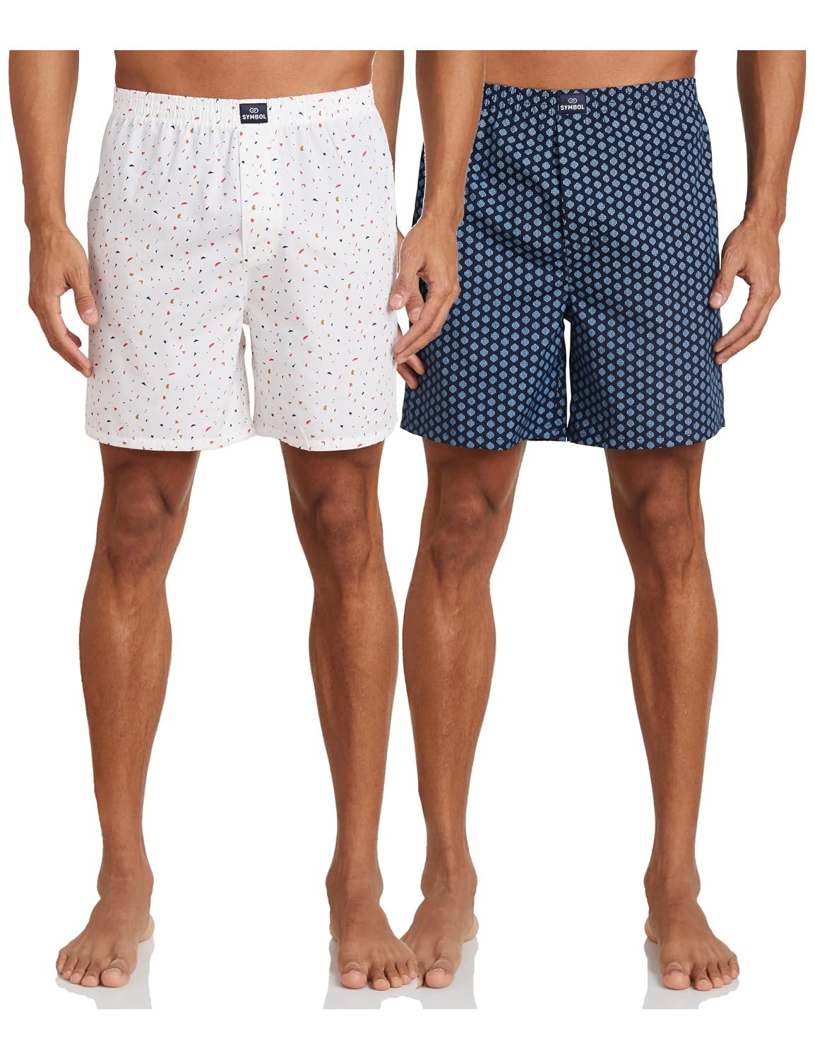 Amazon Brand - Symbol Men's Cotton Printed Boxer Shorts (Combo Pack of 2) Casual | Underwear | Half Pants | Short Pant - Regular Fit with Back Pocket