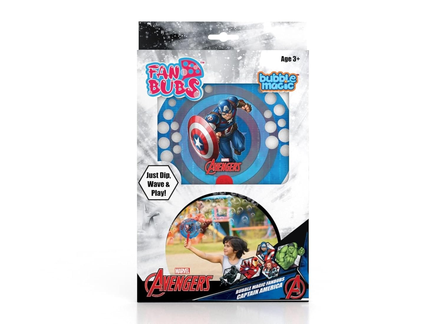 Bubble Magic FanBubs Captain America Theme|Thick Viscous Concentrate Solution Pouches with HandFan|Just Dip,Wave& Play|Bubble Maker|Birthday&Return Gifts for Kids 3y+|Outdoor Indoor Toy|Made i