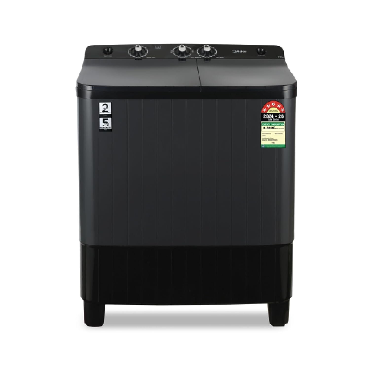 Midea 7kg Semi Automatic Top Load Washing Machine, Dual Wave Pulsator, Heavy Duty Motor, 1350 RPM High-Speed Spin, Collar Scrubber, Top Load Washer (MWMSA070PDX (KG), Black-Grey)