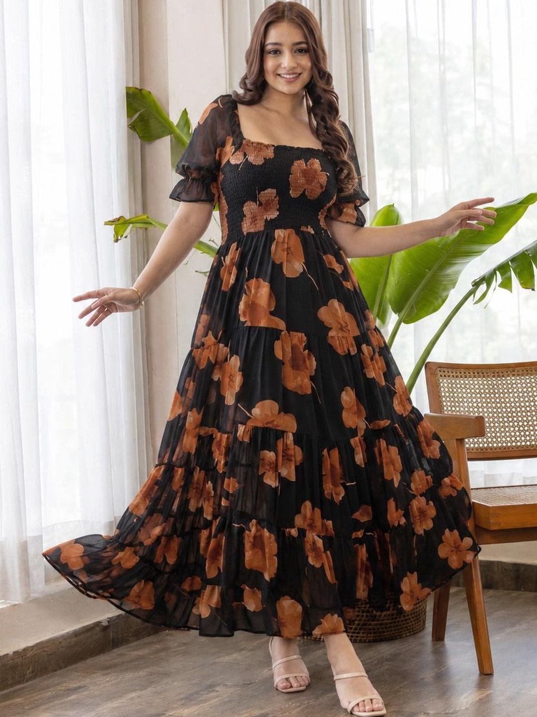 Buy PTVIZE Floral Print Puff Sleeve A Line Maxi Dress -  - Apparel for Women