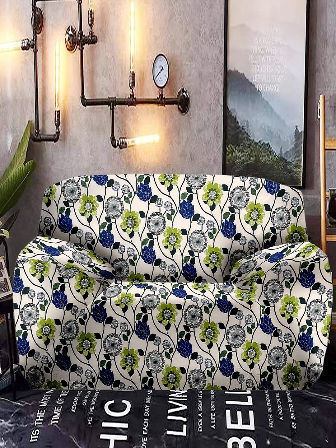 Cortina Single Seater Sofa Cover | Floral Print | 100% Polyester Spandex Fabric | Couch Covers, Machine Washable | Suitable for Home, Office, Birthday, Anniversary, & More | High Stretch | Blue&am