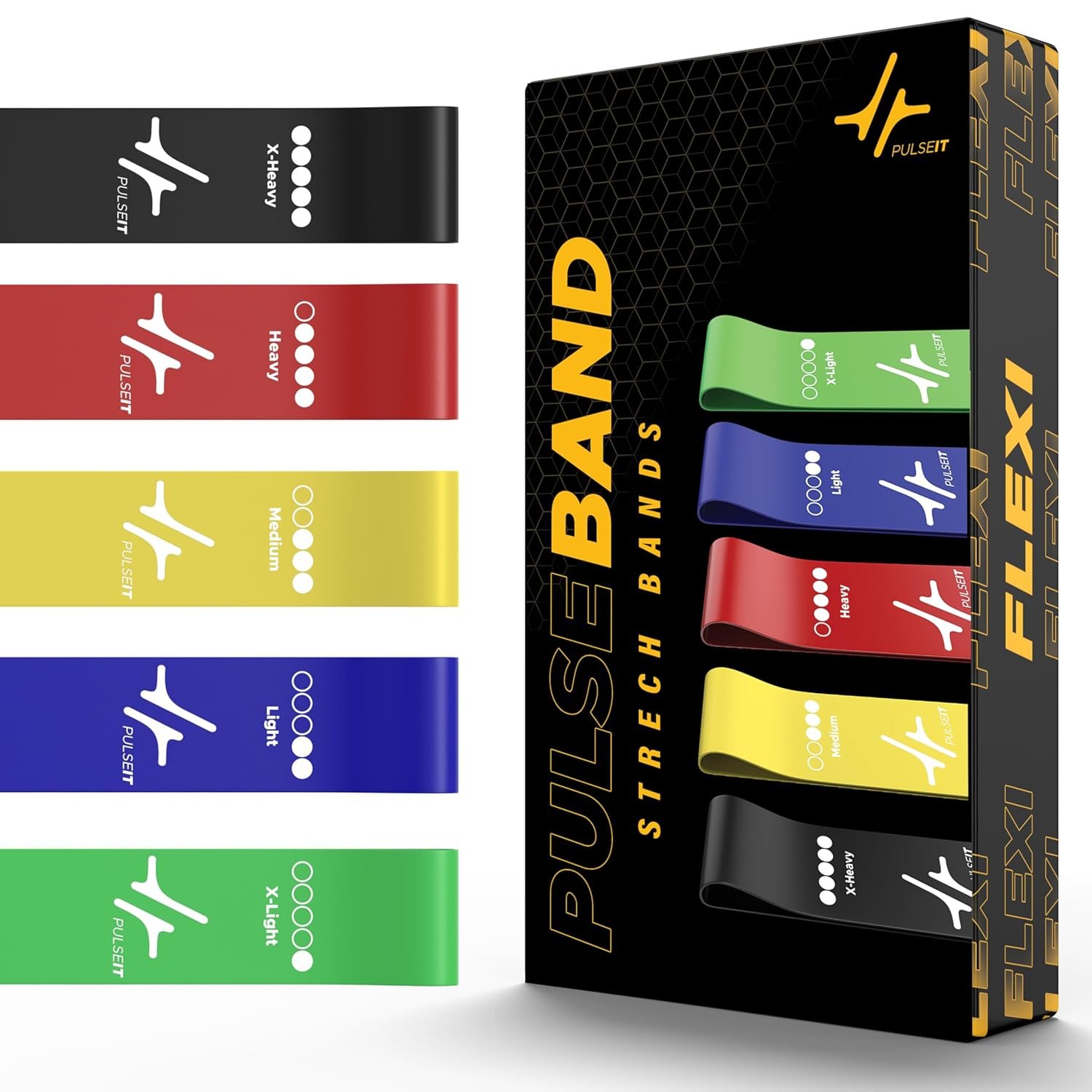 PulseITBand Resistance Bands Set for Men & Women – Pack of 5 Loop Bands for Workout, Yoga, Stretching, Booty & Strength Training | Home/Gym Fitness Equipment for Hips, Glutes, Squats & Reh